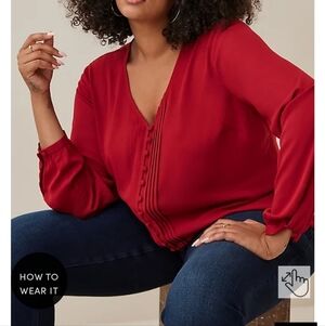 🆕️❤️ 1X DEEP RED  GEORGETTE PINTUCK BUTTON-FRONT BLOUSE❤️